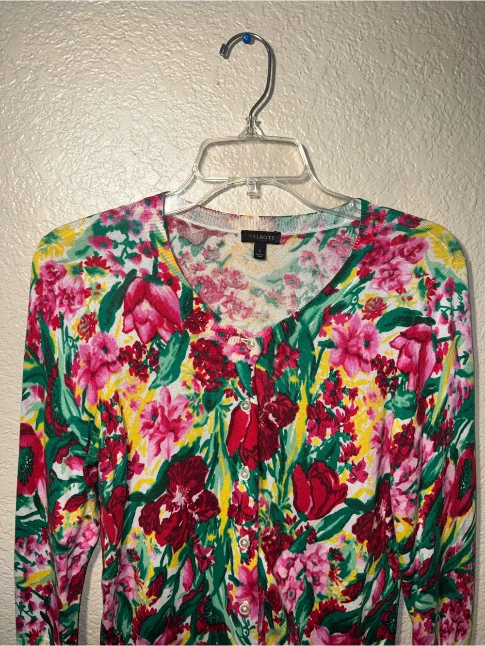Talbots Small Floral Cardigan Pink Green Button Front Sweater